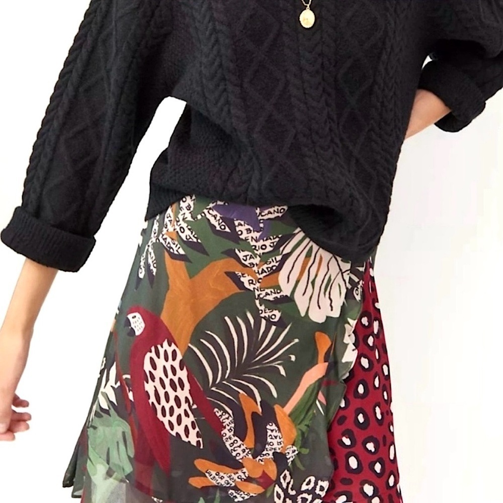 FARM RIO Tropical Jungle Print Colorblock Ruffle Hem Side Tie Wrap Skirt XS